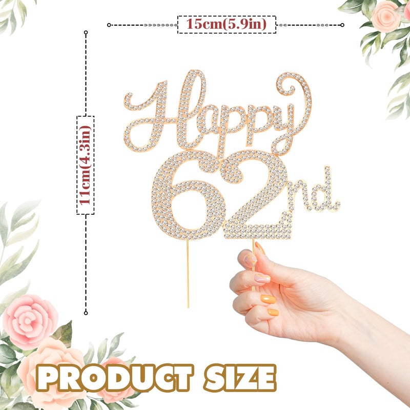 LASKYER Happy 62nd Birthday Decorations,62nd Birthday Gold Rhinestone Cake Topper - Cheers to 62 Years Old Bday Party Metal Sparkly Cake Centerpieces Sign. - Image 2